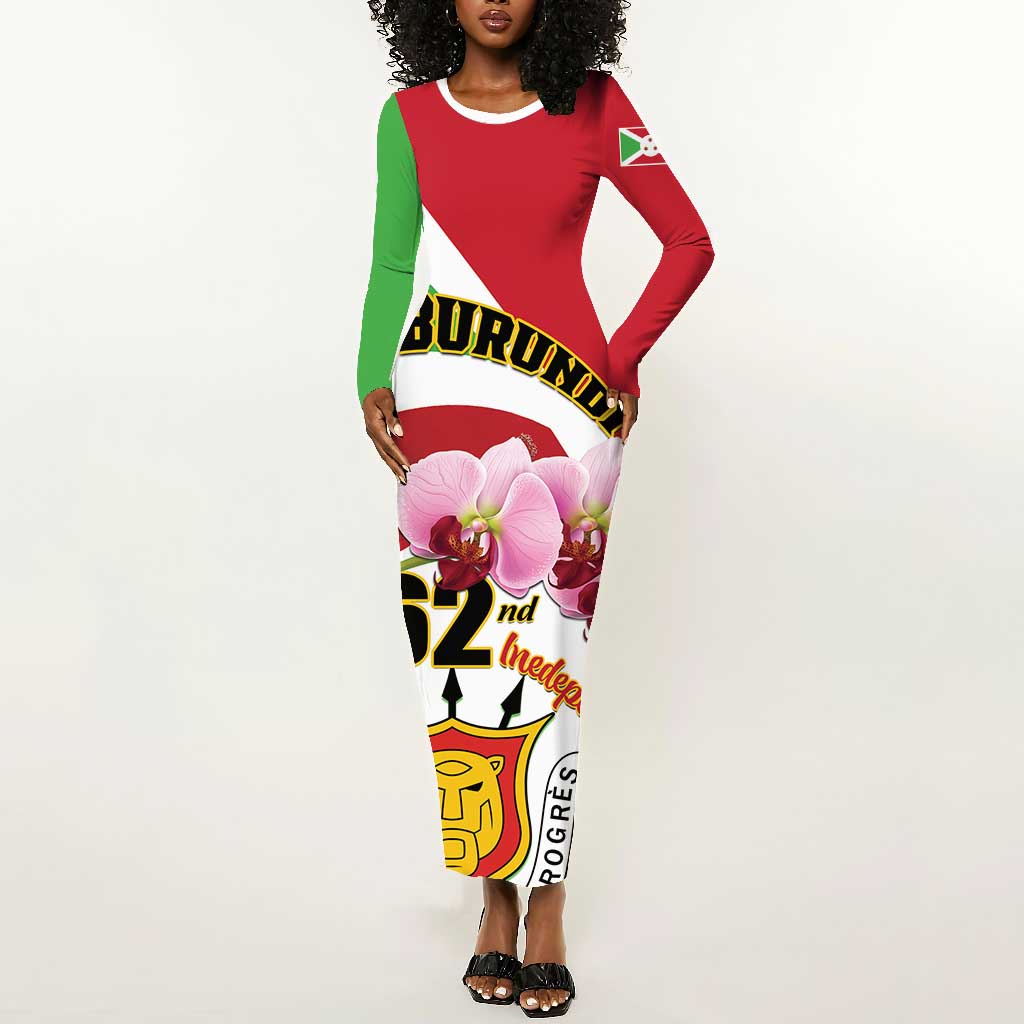 Personalized Burundi Independence Day Long Sleeve Bodycon Dress Coat Of Arms Bujumbura Flower LT01
