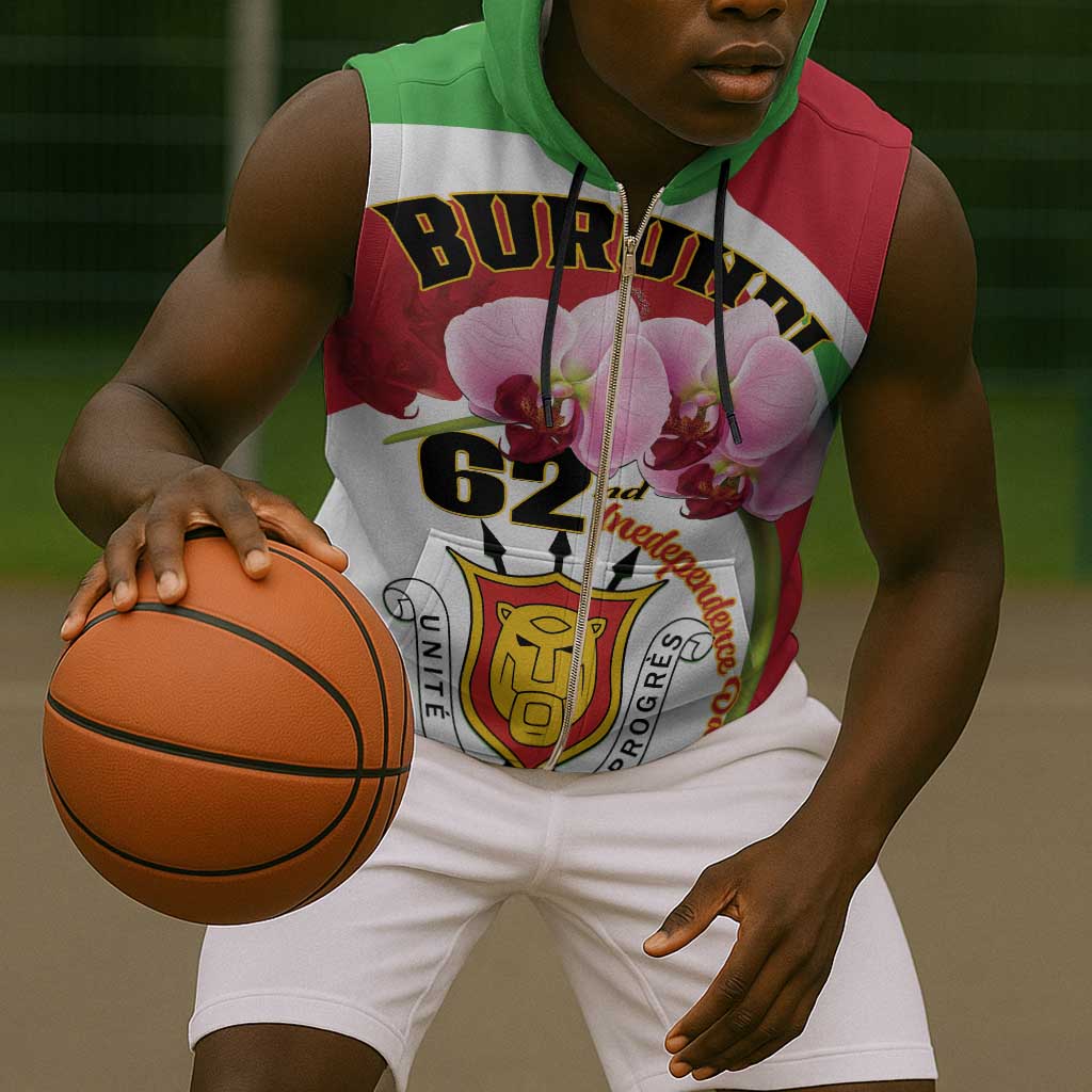 Personalized Burundi Independence Day Sleeveless Zip Hoodie Coat Of Arms Bujumbura Flower - African Pride