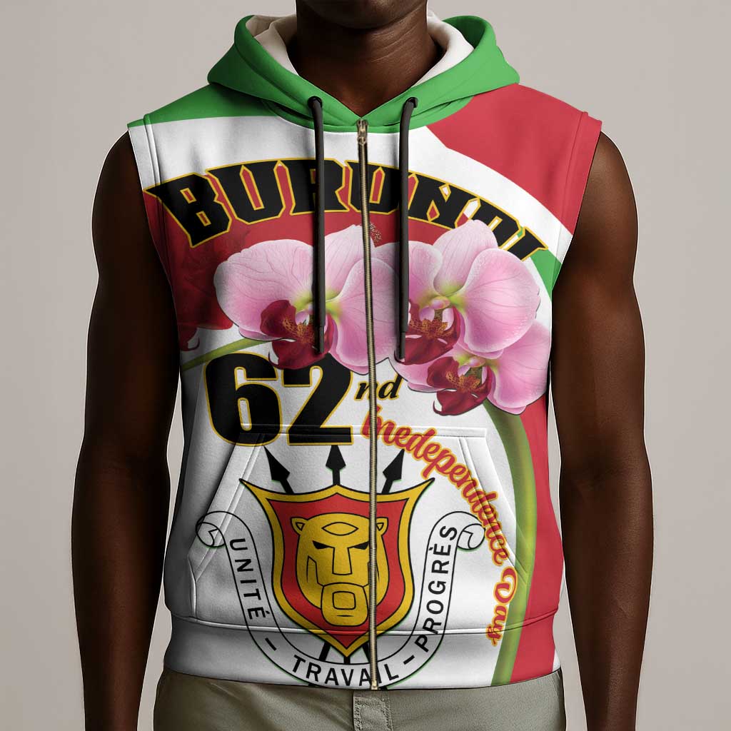 Personalized Burundi Independence Day Sleeveless Zip Hoodie Coat Of Arms Bujumbura Flower - African Pride