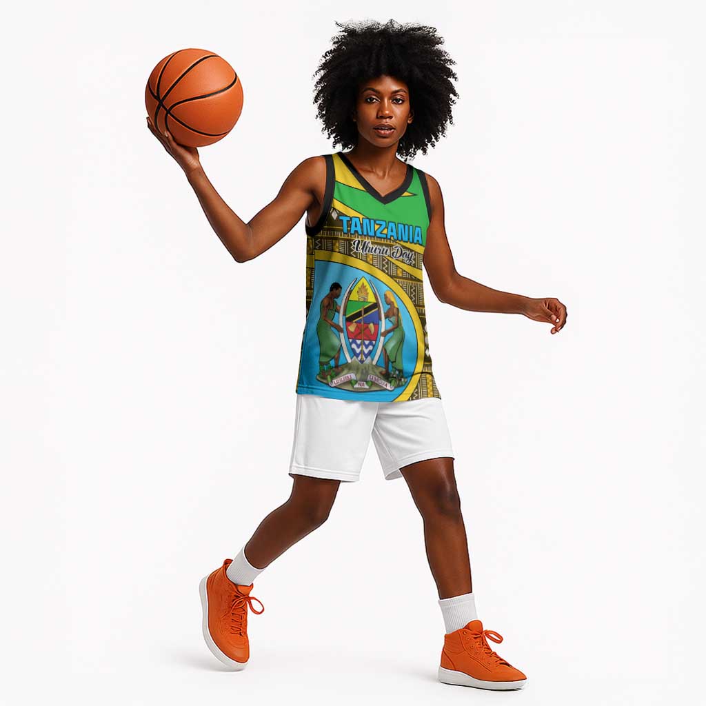 Personalized Tanzania Independence Day Basketball Jersey with Tanzanian Coat of Arms and African Pattern - African Pride