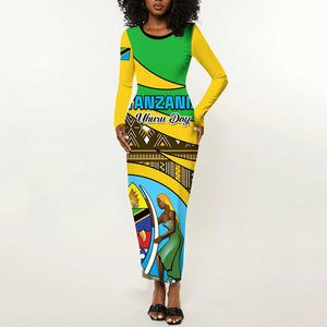 Personalized Tanzania Independence Day Long Sleeve Bodycon Dress with Tanzanian Coat of Arms and African Pattern LT01