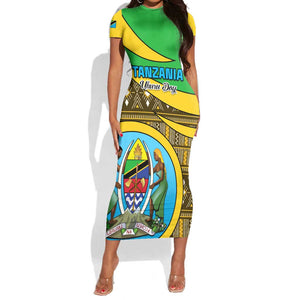 Personalized Tanzania Independence Day Short Sleeve Bodycon Dress with Tanzanian Coat of Arms and African Pattern LT01