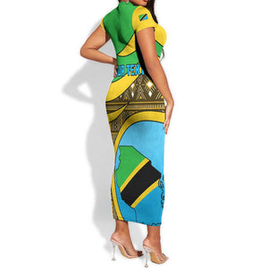 Personalized Tanzania Independence Day Short Sleeve Bodycon Dress with Tanzanian Coat of Arms and African Pattern LT01