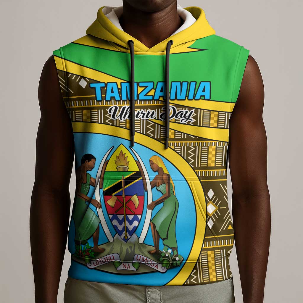Personalized Tanzania Independence Day Sleeveless Hoodie with Tanzanian Coat of Arms and African Pattern - African Pride