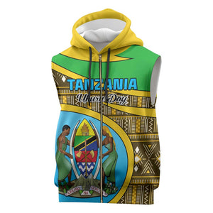 Personalized Tanzania Independence Day Sleeveless Zip Hoodie with Tanzanian Coat of Arms and African Pattern - African Pride