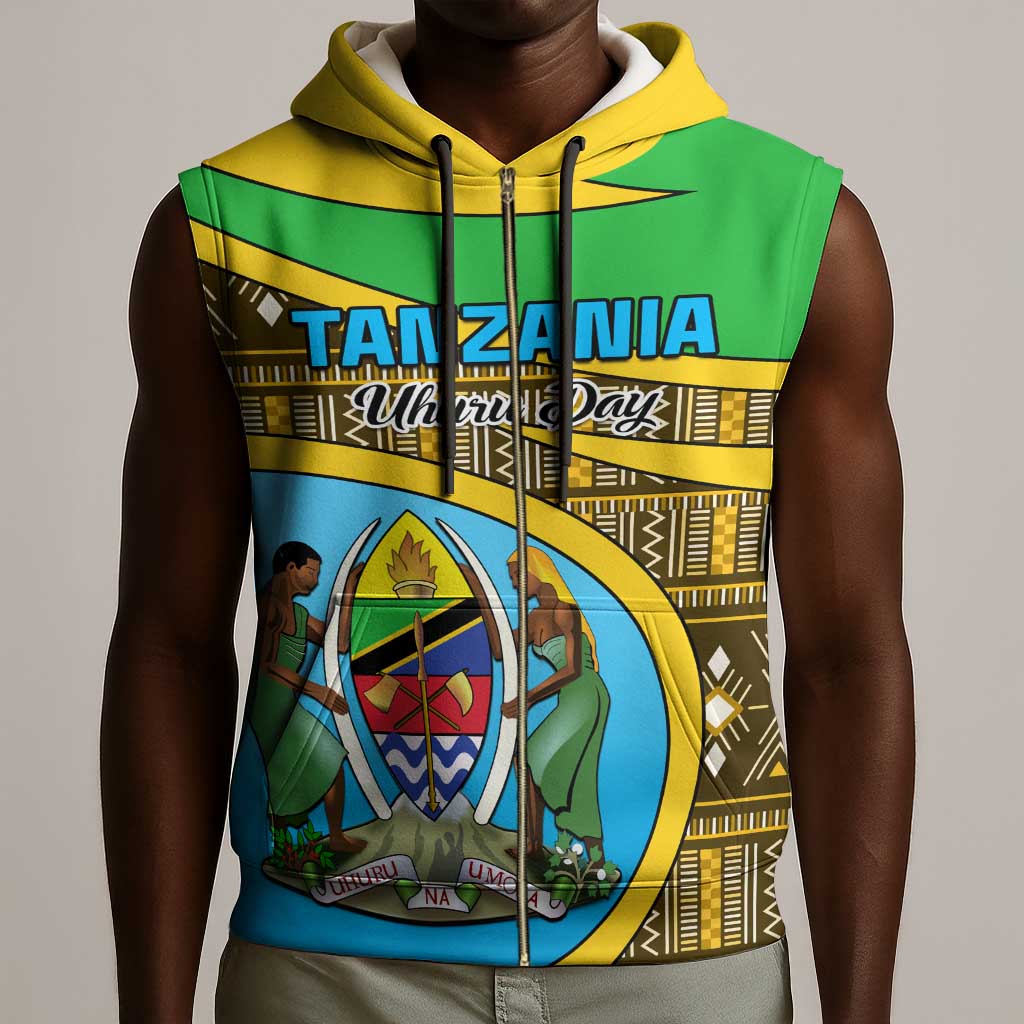 Personalized Tanzania Independence Day Sleeveless Zip Hoodie with Tanzanian Coat of Arms and African Pattern - African Pride