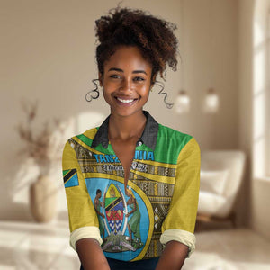 Personalized Tanzania Independence Day Women Casual Shirt with Tanzanian Coat of Arms and African Pattern LT01