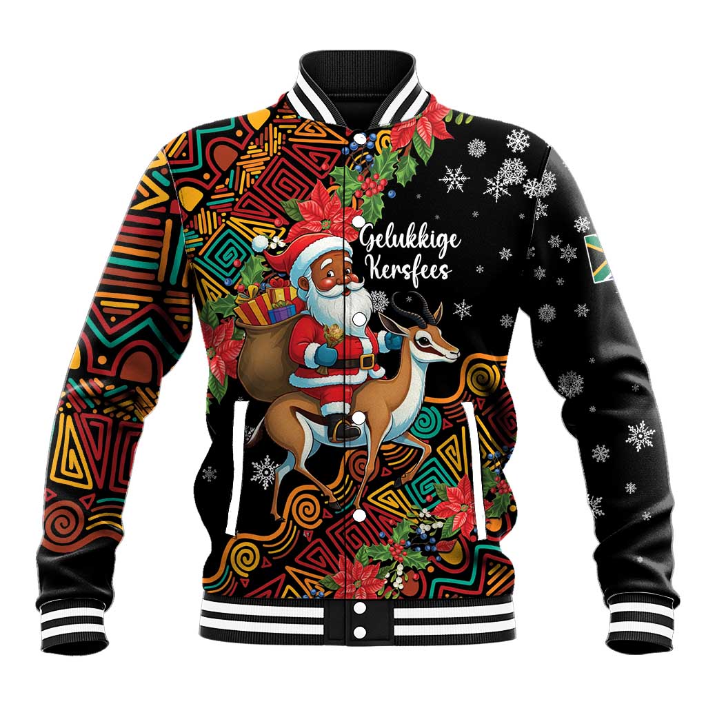 South Africa Gelukkige Kersfees Baseball Jacket Black Santa Claus Riding Springbok LT01