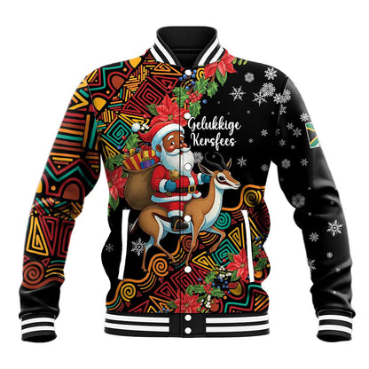 South Africa Gelukkige Kersfees Baseball Jacket Black Santa Claus Riding Springbok LT01