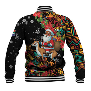 South Africa Gelukkige Kersfees Baseball Jacket Black Santa Claus Riding Springbok LT01