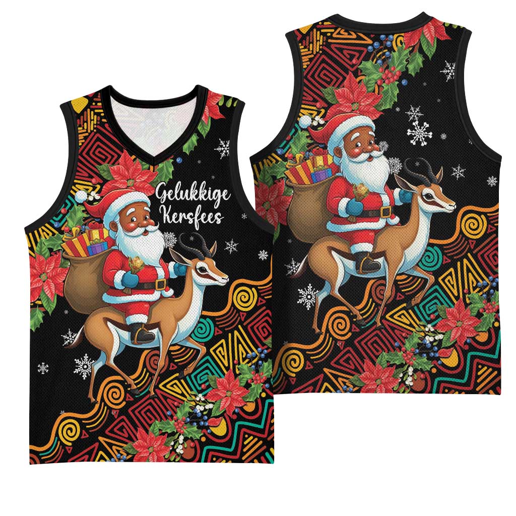 South Africa Gelukkige Kersfees Basketball Jersey Black Santa Claus Riding Springbok - African Pride