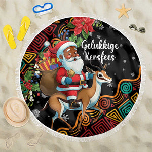 South Africa Gelukkige Kersfees Beach Blanket Black Santa Claus Riding Springbok