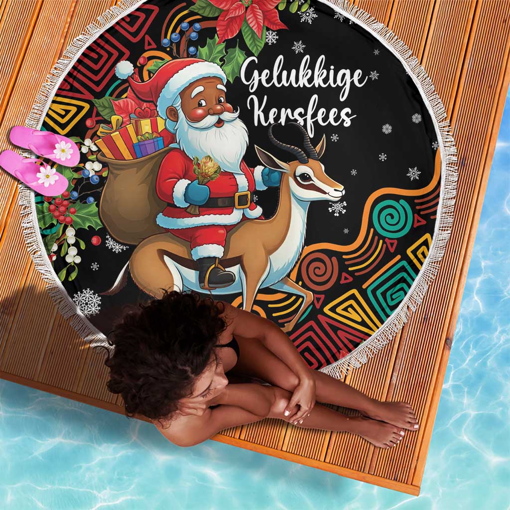 South Africa Gelukkige Kersfees Beach Blanket Black Santa Claus Riding Springbok