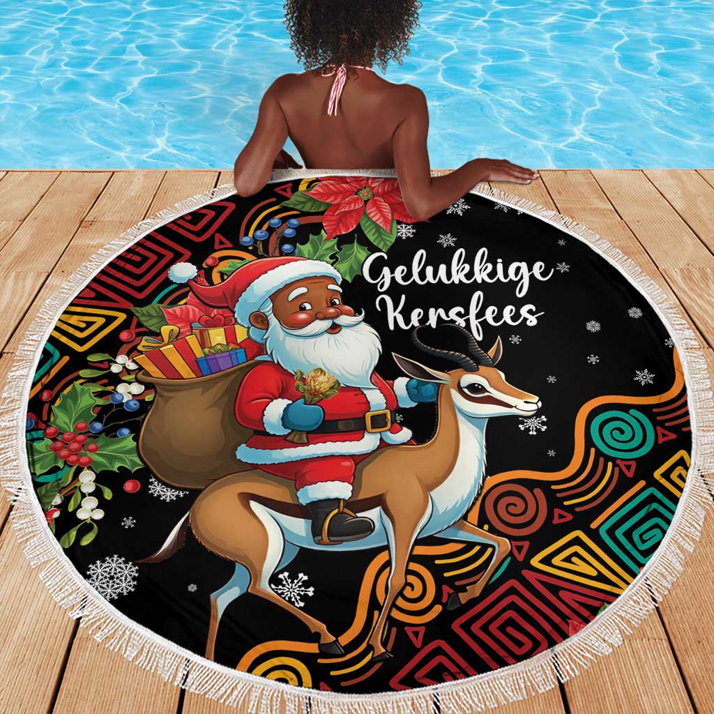 South Africa Gelukkige Kersfees Beach Blanket Black Santa Claus Riding Springbok