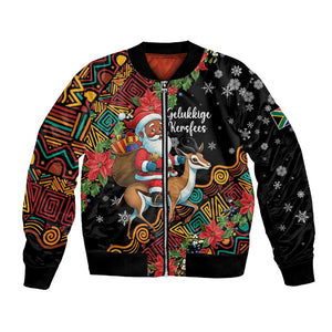 South Africa Gelukkige Kersfees Bomber Jacket Black Santa Claus Riding Springbok