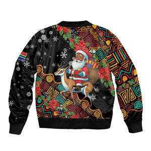 South Africa Gelukkige Kersfees Bomber Jacket Black Santa Claus Riding Springbok