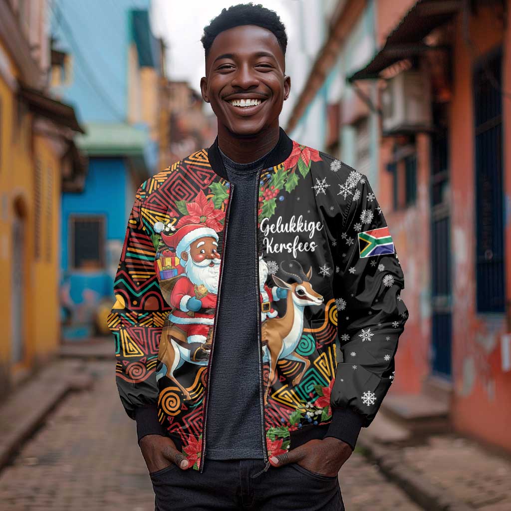 South Africa Gelukkige Kersfees Bomber Jacket Black Santa Claus Riding Springbok