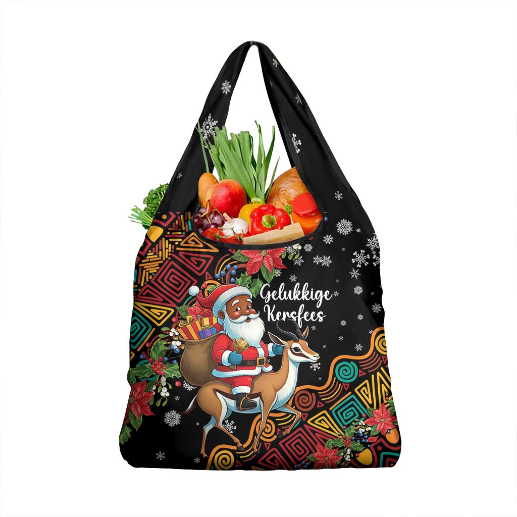 South Africa Gelukkige Kersfees Grocery Bag Black Santa Claus Riding Springbok