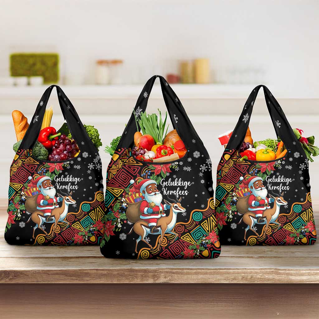 South Africa Gelukkige Kersfees Grocery Bag Black Santa Claus Riding Springbok