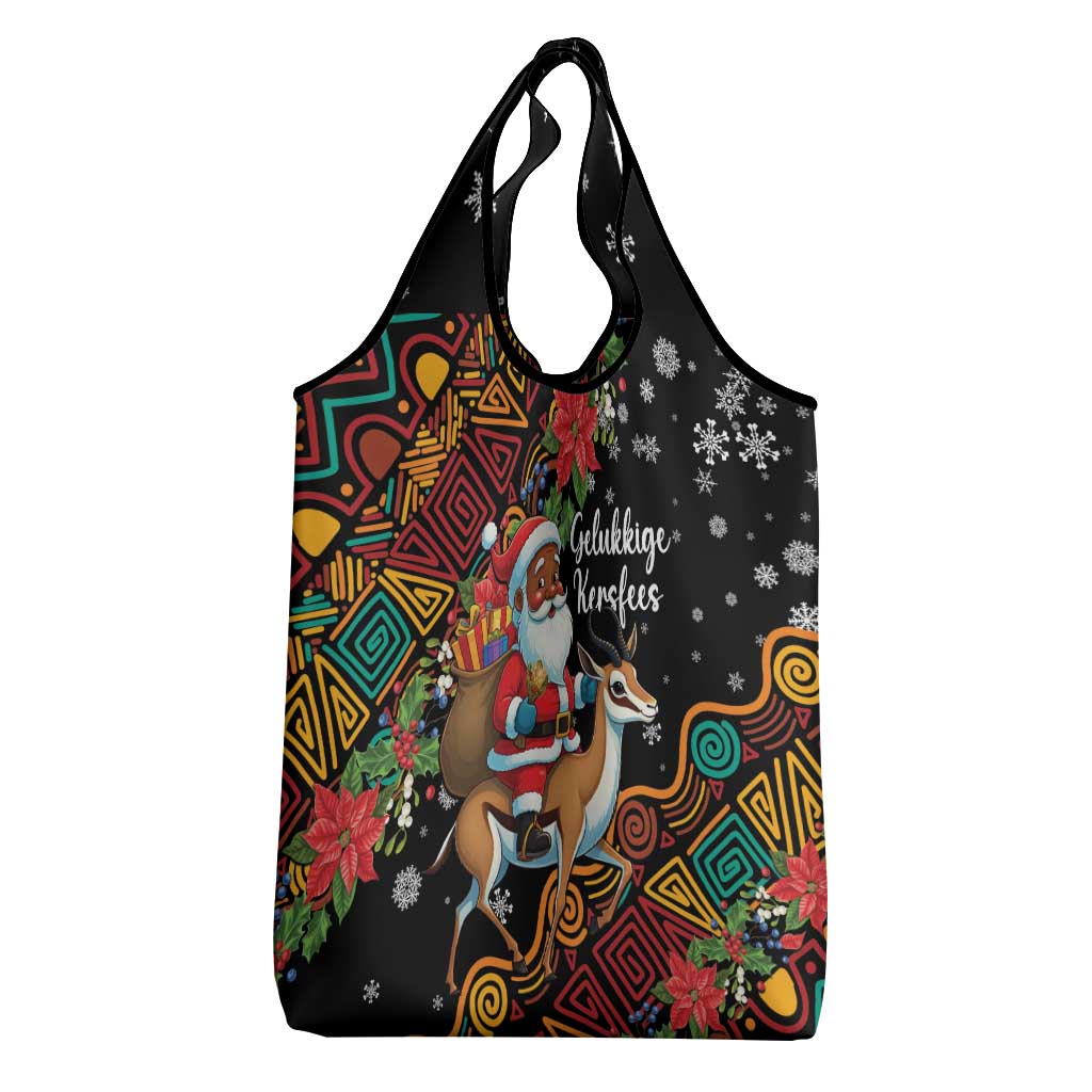 South Africa Gelukkige Kersfees Grocery Bag Black Santa Claus Riding Springbok
