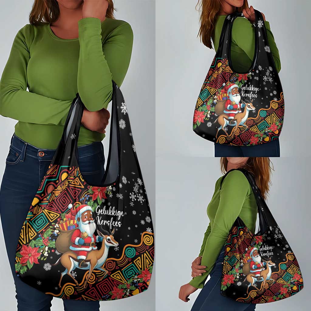 South Africa Gelukkige Kersfees Grocery Bag Black Santa Claus Riding Springbok