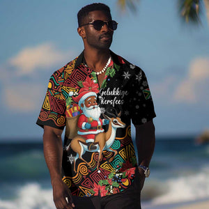South Africa Gelukkige Kersfees Hawaiian Shirt Black Santa Claus Riding Springbok