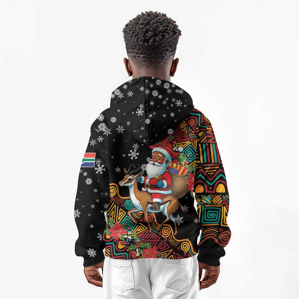 South Africa Gelukkige Kersfees Kid Hoodie Black Santa Claus Riding Springbok