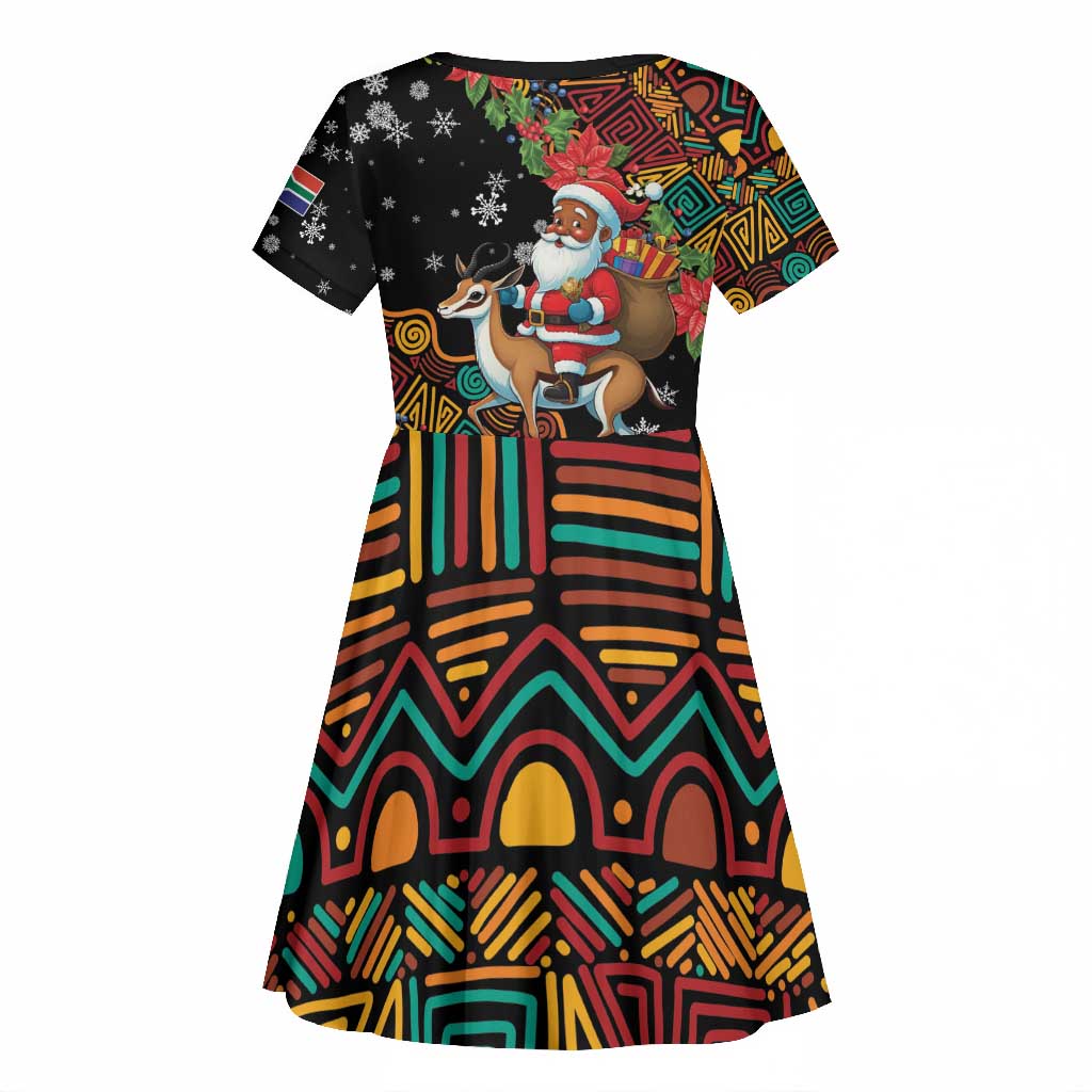 South Africa Gelukkige Kersfees Kid Short Sleeve Dress Black Santa Claus Riding Springbok