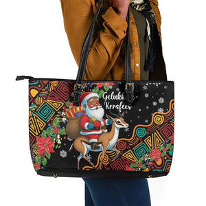 South Africa Gelukkige Kersfees Leather Tote Bag Black Santa Claus Riding Springbok