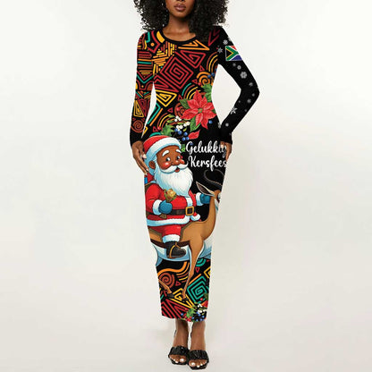 South Africa Gelukkige Kersfees Long Sleeve Bodycon Dress Black Santa Claus Riding Springbok LT01