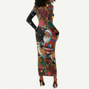 South Africa Gelukkige Kersfees Long Sleeve Bodycon Dress Black Santa Claus Riding Springbok LT01