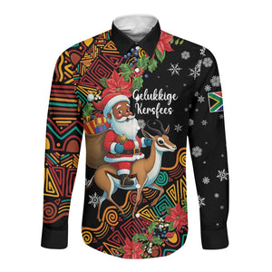 South Africa Gelukkige Kersfees Long Sleeve Button Shirt Black Santa Claus Riding Springbok