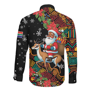 South Africa Gelukkige Kersfees Long Sleeve Button Shirt Black Santa Claus Riding Springbok