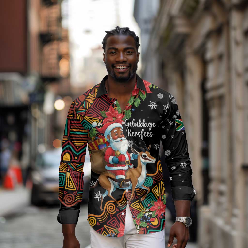 South Africa Gelukkige Kersfees Long Sleeve Button Shirt Black Santa Claus Riding Springbok