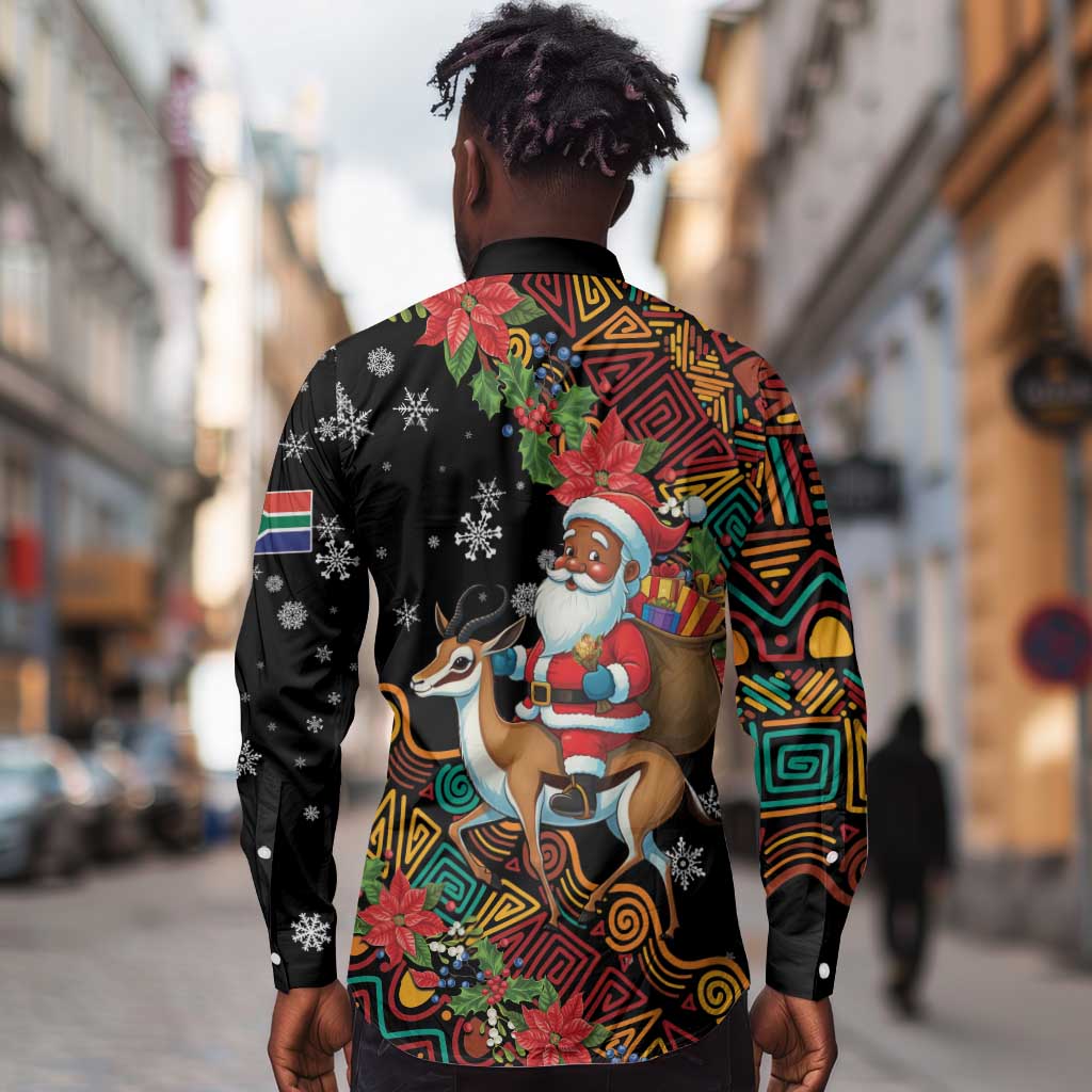 South Africa Gelukkige Kersfees Long Sleeve Button Shirt Black Santa Claus Riding Springbok