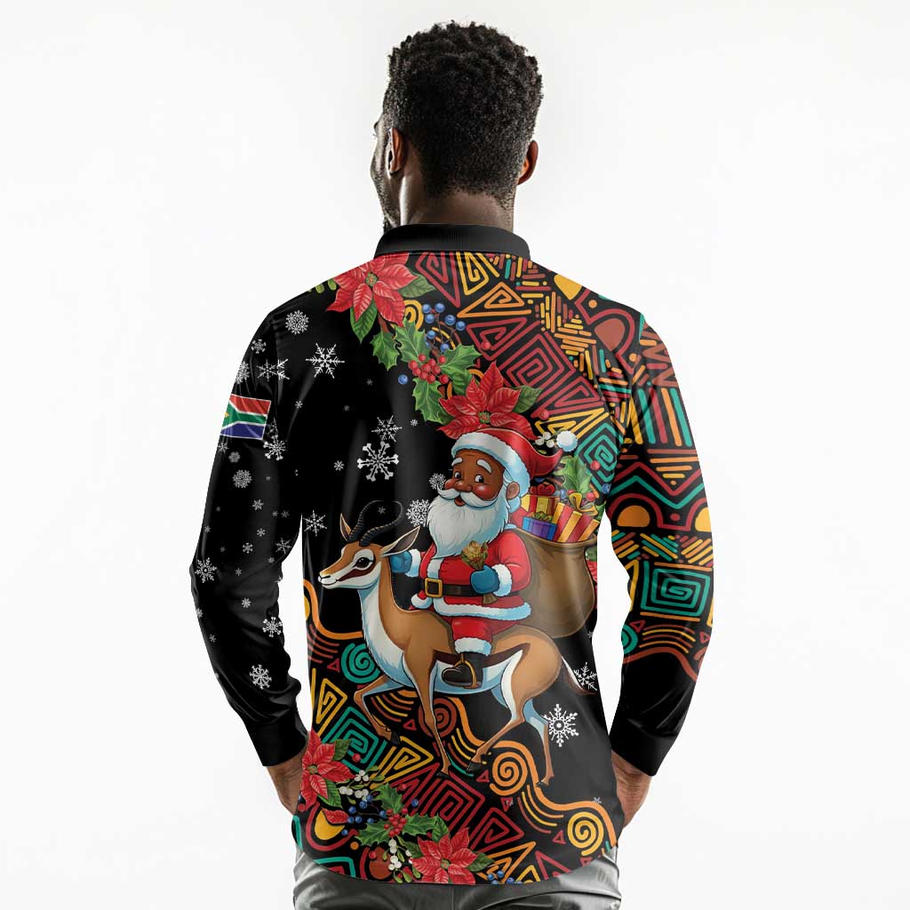 South Africa Gelukkige Kersfees Long Sleeve Polo Shirt Black Santa Claus Riding Springbok