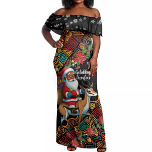 South Africa Gelukkige Kersfees Off Shoulder Maxi Dress Black Santa Claus Riding Springbok