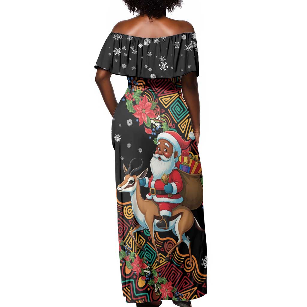 South Africa Gelukkige Kersfees Off Shoulder Maxi Dress Black Santa Claus Riding Springbok