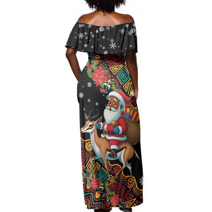 South Africa Gelukkige Kersfees Off Shoulder Maxi Dress Black Santa Claus Riding Springbok