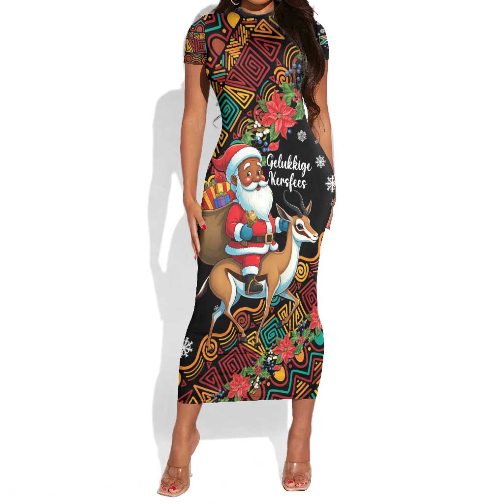 South Africa Gelukkige Kersfees Short Sleeve Bodycon Dress Black Santa Claus Riding Springbok LT01