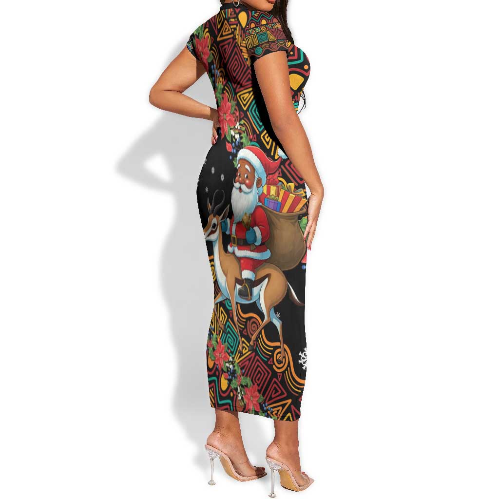 South Africa Gelukkige Kersfees Short Sleeve Bodycon Dress Black Santa Claus Riding Springbok LT01