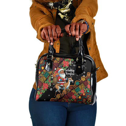 South Africa Gelukkige Kersfees Shoulder Handbag Black Santa Claus Riding Springbok