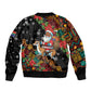 South Africa Gelukkige Kersfees Sleeve Zip Bomber Jacket Black Santa Claus Riding Springbok
