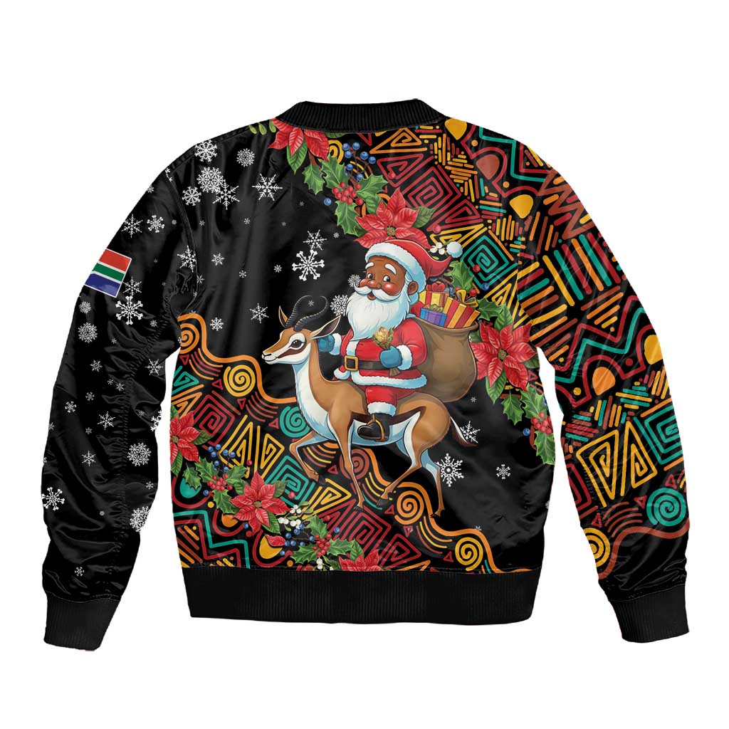 South Africa Gelukkige Kersfees Sleeve Zip Bomber Jacket Black Santa Claus Riding Springbok