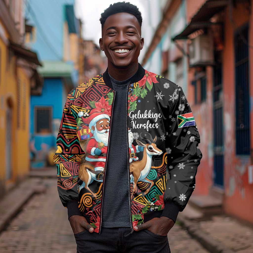South Africa Gelukkige Kersfees Sleeve Zip Bomber Jacket Black Santa Claus Riding Springbok