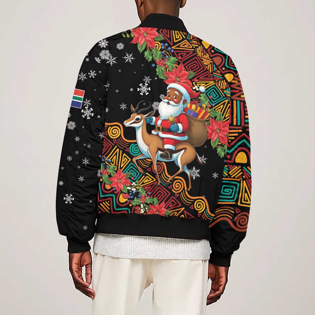 South Africa Gelukkige Kersfees Sleeve Zip Bomber Jacket Black Santa Claus Riding Springbok