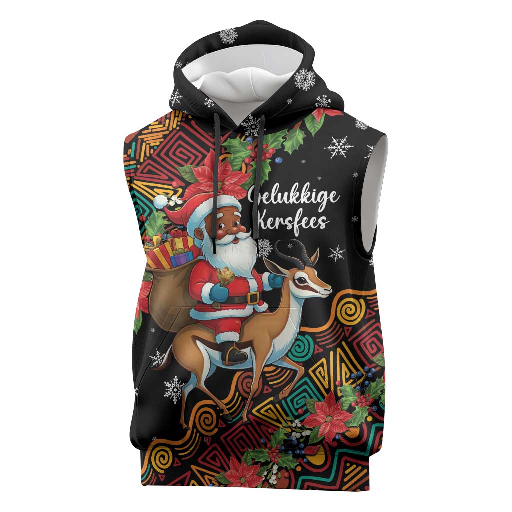 South Africa Gelukkige Kersfees Sleeveless Hoodie Black Santa Claus Riding Springbok - African Pride