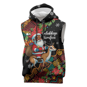 South Africa Gelukkige Kersfees Sleeveless Hoodie Black Santa Claus Riding Springbok - African Pride
