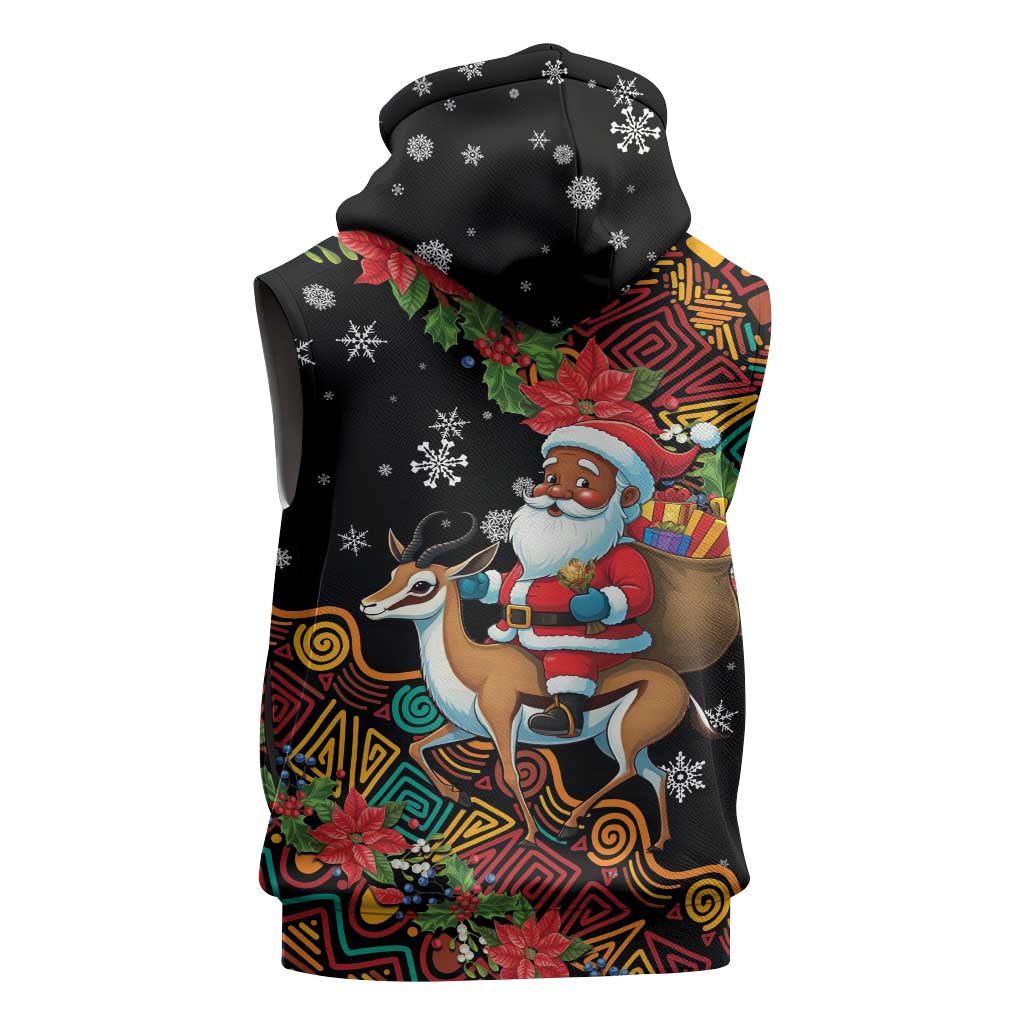 South Africa Gelukkige Kersfees Sleeveless Hoodie Black Santa Claus Riding Springbok - African Pride