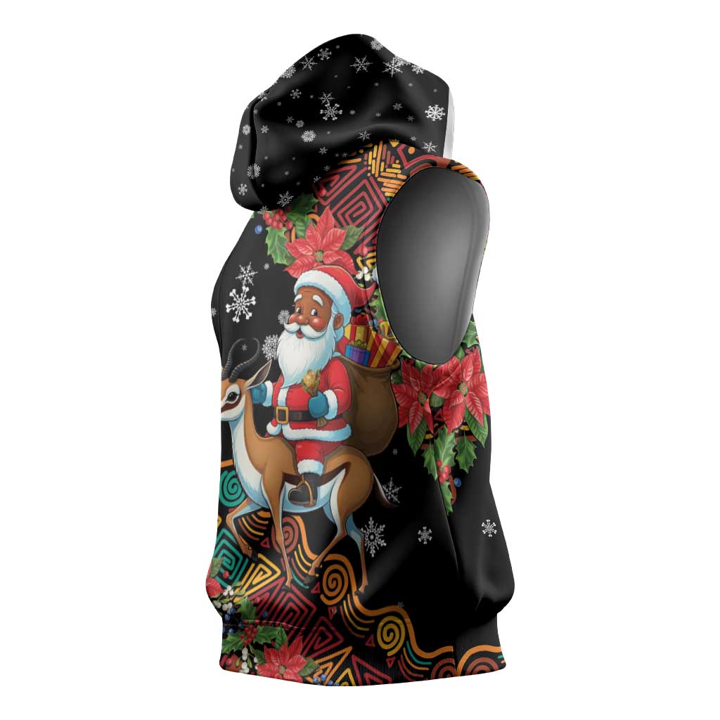 South Africa Gelukkige Kersfees Sleeveless Hoodie Black Santa Claus Riding Springbok - African Pride